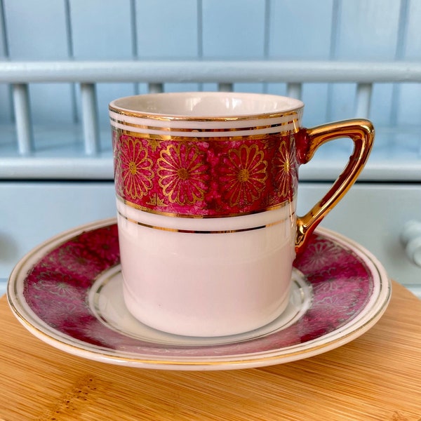 Hard to Find Rare Vintage Versailles, Powder Ruby Coffee or Demitasse Cup & Saucer, Beautiful Ruby Red and Gold Flower Decor, Made in France