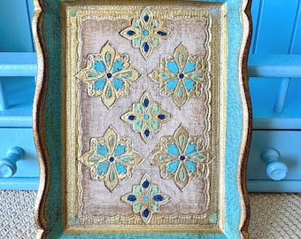 Vintage MASI Italian Gilt Tray, Teal & Gold Embossed Art, Small Serving Tray, Mediterranean Decor, Made in Italy Bellagio, Gift Idea Mom