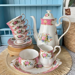 Vintage Royal Albert Tea Set - Lady Carlyle - 12 Piece Porcelain Coffee Set - Perfect Christmas Gift -Elegant TeaParty Tableware - England
