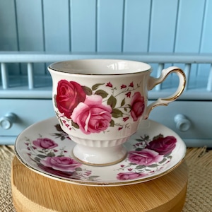 Vintage Queen Anne, Pink  and Red Roses Floral Bone Tea Cup and Saucer, Antique English China, Previously Loved, Ribbed Cup, Made in England