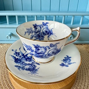 Rare Blue Vintage Aynsley Teacup & Saucer Set, Excellent Condition, Blue Floral Decor, Crafted 1970&#39;s, Bone China, Pre-Loved Made in England
