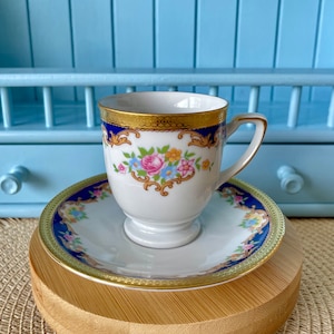 Vintage Tirschenreuth Bavaria Demitasse & Saucer, Gold Band, Blue Panels with Floral Decor, Excellent Condition, Made in Germany