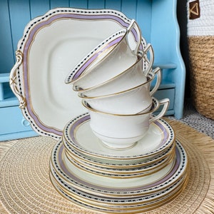 Set of 4 Rare Vintage Aynsley Trio&#39;s, Teacup, Saucer & Cake Plate and Serving Plate, Purple Ivory Decor, Early 1915&#39;s, Bone China, England