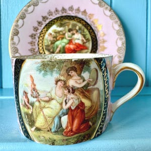 Antique Royal Vienna Fragonard Espresso Cup & Saucer, Beehive Mark Cup, Pink Gold Eggshell Porcelain, Matched Set, Vintage Romantic, Austria