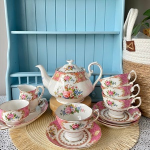 Vintage Royal Albert Tea Set - Lady Carlyle - 12 Piece Porcelain Tea Set for High Tea - Mothers Day Gift -Elegant TeaParty Set - England