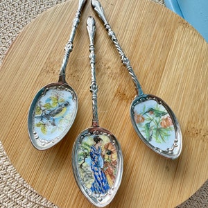 Rare Vintage Hard to Find and Very Collectible Novelty Royal Albert &quot;Style&quot; Silver Plated, Enamel Tea Spoon with Bird Decor, Japanese Lady