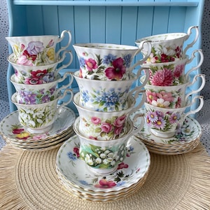 Vintage TeaSet of 12 &#39;Royal Albert&#39; Flower Of The Month Gentleman Sized Cup & Saucer, Fine Bone China, Perfect Gift, Made in England