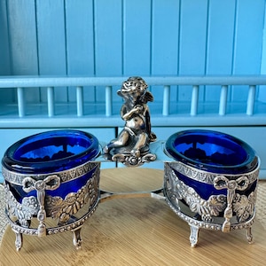 Antique French 950 Solid Silver Double Salt Cellar, Tétard Frères, Louis XVI Cherub Design, Cobalt Blue Glass Liners, c 1890, Made in France
