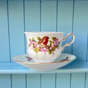 Vintage Queen Anne Robin, Pink Floral Bone Tea Cup and Saucer, Antique English China, Previously Loved Vintage Cup, High-Tea Bridal Party