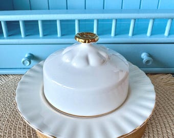 Vintage Royal Albert "Val D'Or" Butter Dish, Lidded Butter Dish, Bone China, Previously Loved, Perfect Gold Knob, White Gold Decor, England
