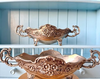 Vintage Ornate Footed Metal Bowl with Handles, Repoussé Floral Centerpiece Dish, Silver Tone Small Baroque Style Planter Jardiniere, France