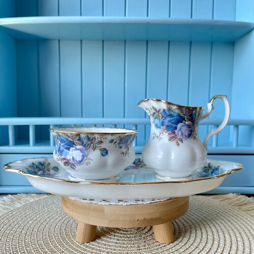 Vintage Royal Albert "Moonlight Rose" Fine Bone China 3 Piece Creamer Set with Platter, Hard to Find Perfect State, Blue Rose Decor, England