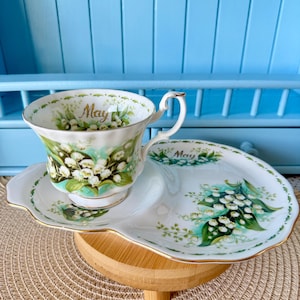 Vintage Royal Albert Flower of the Month, May Tennis Set, Male Sized Teacup & Tennis Set, Bone China, Lily of Valley Floral Decor, England