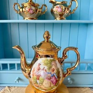 Vintage J&K W Carlsbad Porcelain Mokka Set, 24K Gold Plated Mokka Pot, Creamer Lidded Sugar Bowl, Fragonard Love Scene, Pristine Condition