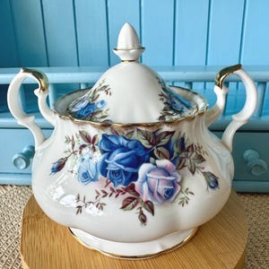 Vintage Royal Albert Moonlight Rose Lidded Sugar Bowl | Fine Bone China Sugar Pot with Lid | Made in England | Blue Rose Decor England