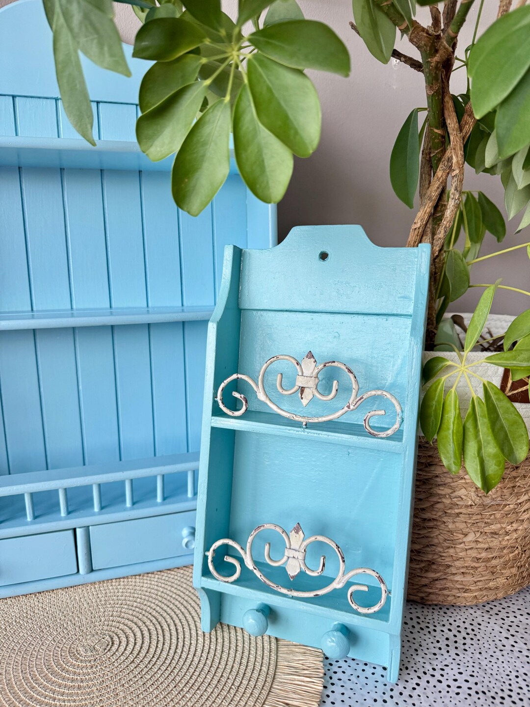 High-quality Vintage Aqua Blue Wall Shelf With Hooks | Shabby Chic ...