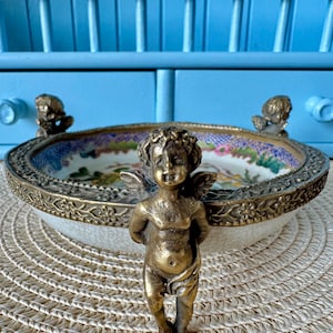 Vintage Putti Wong Lee 1895 Porcelain & Ormolu Cherub Dish, Vintage Trinket Bowl | Hand-Painted Floral, Crackle Glaze Vanity Decor, China