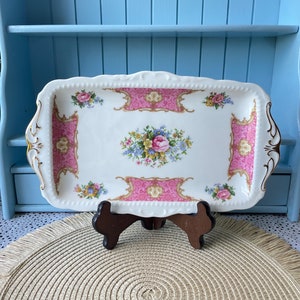 Vintage Royal Albert &quot;Lady Carlyle&quot; Sandwich Plate Or Cake Plate, Bone China, Perfect Pink Gold and Roses Decor, Fabulous Find, Made England