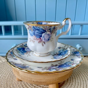 Beautiful Vintage Lady Sized Royal Albert "Moonlight Rose" Trio's, Previously Loved But As New, Perfect Blue Floral Decor, Made in England