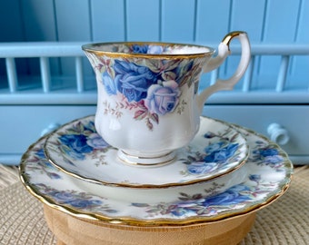 Beautiful Vintage Lady Sized Royal Albert "Moonlight Rose" Trio's, Previously Loved But As New, Perfect Blue Floral Decor, Made in England