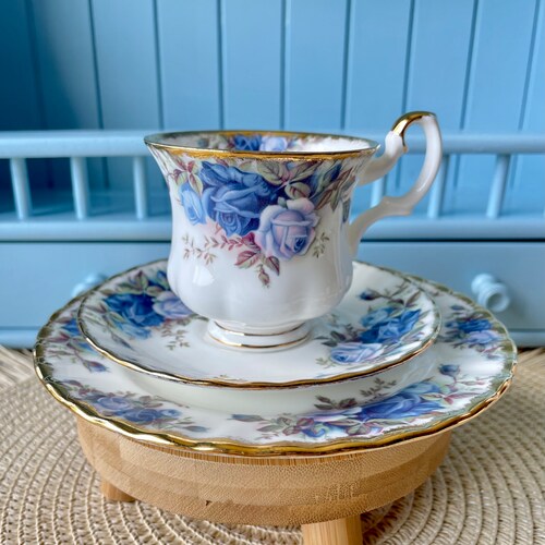 Beautiful Vintage Lady Sized Royal Albert "Moonlight Rose" Trio's, Previously Loved But As New, Perfect Blue Floral Decor, Made in England