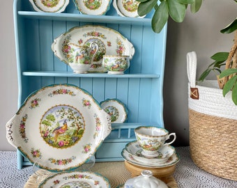 Multiple Vintage Royal Albert "Chelsea Bird" Items, Large Cake Plate with 4 Plates, Butter Dish, Petit Four, Creamer Set,Bone China, England