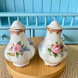 Vintage Royal Albert &quot;Lady Carlyle&quot; Salt & Pepper Shakers, Bone China, Previously Loved, Collectors Item, Thick Gold, Original Caps, England