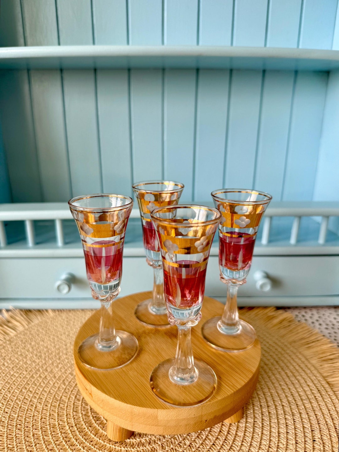 Antique Gold Rimmed Ruby Colored Small Liqueur Glasses, Set of 4 Gold ...