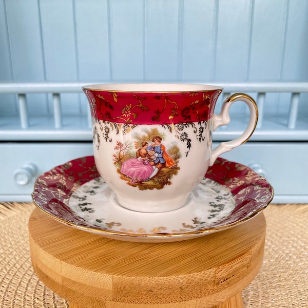 Vintage Heavy Gold HK Bavaria Handarbeit 24 karat Gold Male Sized TeaCup & Saucer, Fragonard Love Scene Red and Gold Decor, Made in Germany