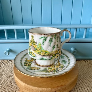 Vintage Elizabethan Staffordshire, Bone China CoffeeCup & Saucer, Yellow Chinese Decor, Gold Trim, Previously Loved, Hand Decorated, England