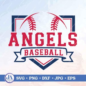 May include: A red and navy blue baseball-themed graphic with the word "ANGELS" in bold red letters. Below, "BASEBALL" is displayed on a navy blue banner. A baseball design is at the top, and a logo with file formats is at the bottom.