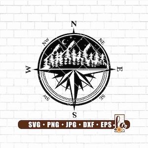 Brújula Svg / Brújula y montañas svg / Brújula y bosque svg / Naturaleza Svg / Aventura espera svg / Cricut & Silhouette / Png Dxf Jpg Eps