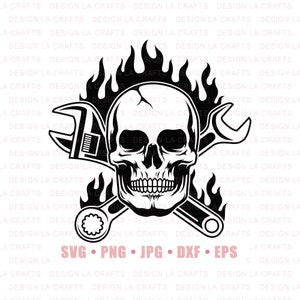 Mechanic Skull Svg Png, Skull Mechanic Svg, Flaming Skull Svg, Mechanic Logo, Patriotic Skull Svg, Skull Mechanic Svg, Wrenches Svg, Dxf Eps