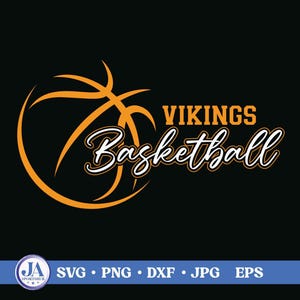 May include: A graphic design featuring an orange basketball outline on the left side. To the right, the text VIKINGS is in bold orange block letters, with the word Basketball in a white cursive script font with an orange outline.