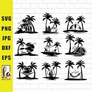 Beach Scene SVG Bundle, Sunset beach scene, SVG Files for cutting machines, digital clipart, palm trees, tropical, vacation, ocean, summer