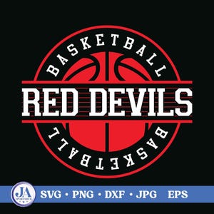 May include: A circular graphic design featuring a red basketball silhouette on a black background. The text "BASKETBALL" is arched along the top and bottom, while "RED DEVILS" is displayed in large white block letters across the center.