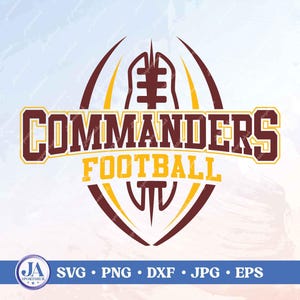 May include: A graphic design featuring a stylized football outline in maroon and gold. The text COMMANDERS is displayed in large maroon letters with gold outlines, and the word FOOTBALL appears below in gold. The design includes a circular logo.