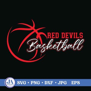 May include: A graphic design featuring a red basketball outline on the left, with the red text RED DEVILS and the white script text Basketball with a red outline on the right, all set against a solid black background.