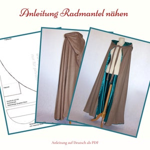 Könnte beinhalten: Ein Schnittmuster für eine Kapuzen-Umhang mit Anleitung auf Deutsch. Das Schnittmuster ist für eine runde Umhang mit Kapuze. Das Bild zeigt auch eine braune Umhang mit einer türkisfarbenen Futter und einer Kapuze.