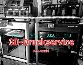 May include: Three 3D printers, two black and one silver, with filament spools and a sign that reads "3D-Druckservice P-A-World". The printers are labelled with the materials they can print: PLA, PETG, ASA, and TPU.