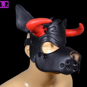 Puppy Hood Leather Handmade Dog Pup Mask With  Red Horns