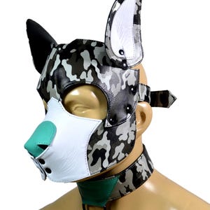 Capucha de cuero de camuflaje con collar para cachorros – Máscara para perros hecha a mano con bozal desmontable – Equipo de juego personalizado para cachorros