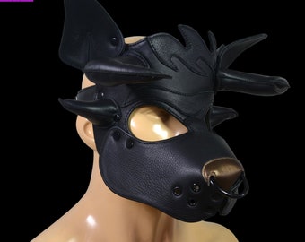 Puppy Hood Leather Handmade Dog Pup Mask With Horns