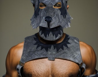 Capucha con máscara de lobo de cuero: Arnés de regalo para Halloween