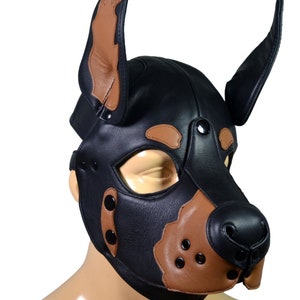 Capucha de cuero para cachorro Doberman, color tostado, bozal extraíble