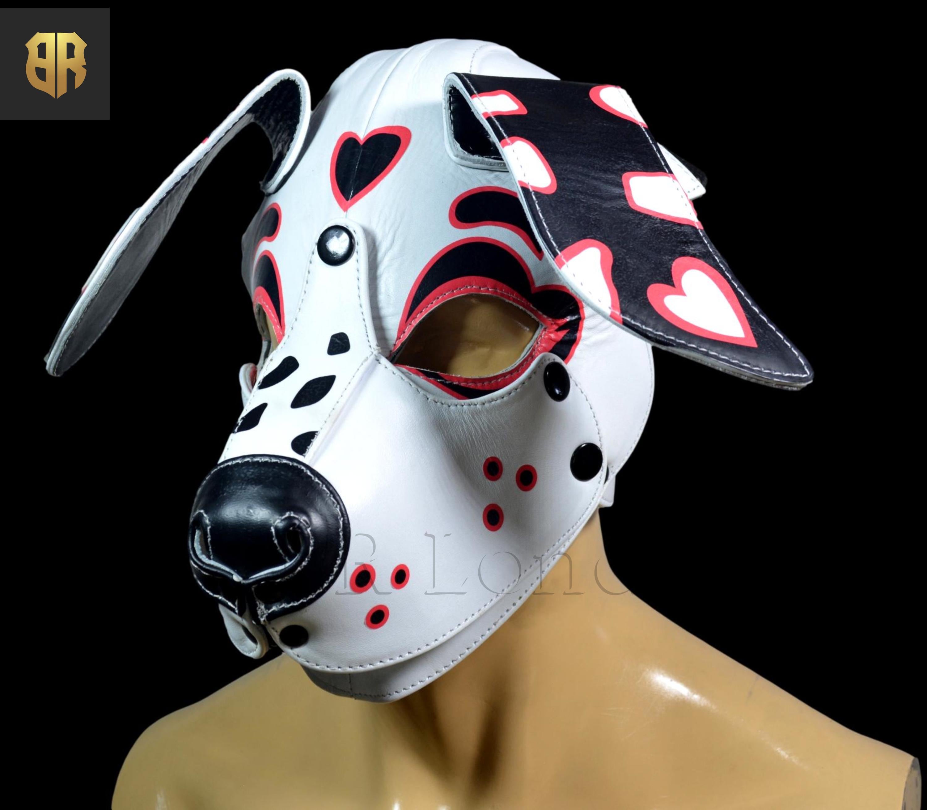 Leather Puppy Hood Mask: Pink, Black & White Heart Ears, Removable Muzzle