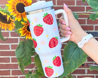 Strawberry Daisy 40oz Tumbler With Handle, Strawberries 40oz Travel Stainless Steel Cup With Straw, Trendy Summer Fruit 40 oz Coffee Mug