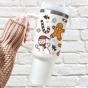 GingerBread Man Christmas 40oz Tumbler With Handle, Snowman 40 Ounce Travel Stainless Steel Cup With Straw, Holiday 40 oz Coffee Mug