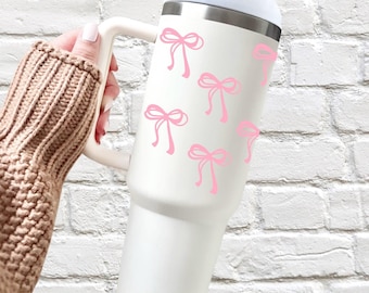 Pink Bows 40oz Tumbler With Handle, Coquette Bows and Ribbon 40 Ounce Travel Stainless Steel Cup With Straw, Elegant 40 oz Coffee Mug