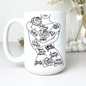 Taza de salud mental, taza de amor propio, regalo para ella, taza de afirmación diaria, taza motivacional, taza de palabras de afirmación, taza de café I am Woman imagen 1